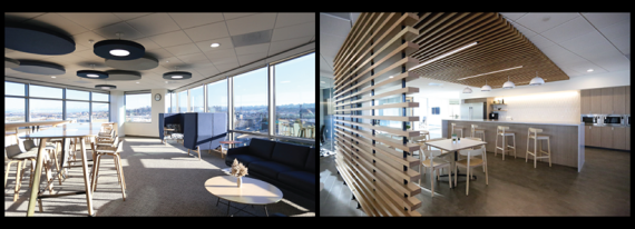 Modern office space with circular, multi-size light fixtures; a high top table and chairs; couches and coffee table; privacy seats; and floor-to-ceiling windows. | Modern office break room with open, wooden separation feature; wooden tables and chairs; high top chairs and white bar; steel refrigerator; and steel microwaves. Sunlight is visible.