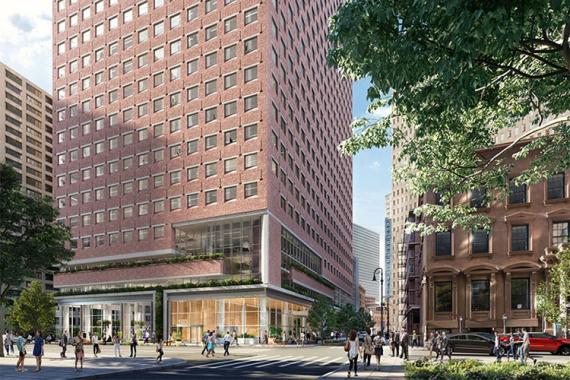 3D rendering of a multi-story, large red brick building in a city environment with people trees and other buildings around 