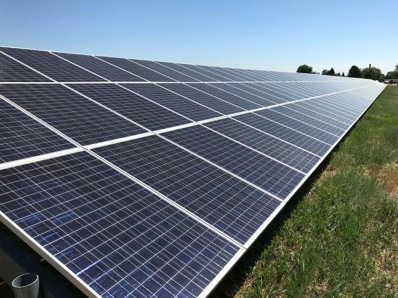 Angled view of large array of solar panels stretching into the distance on green grass with blue sky above