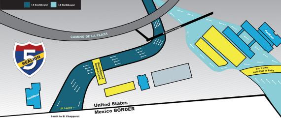 Map showing Interstate 5 traffic flow and the San Ysidro land port of entry at the United States-Mexico border