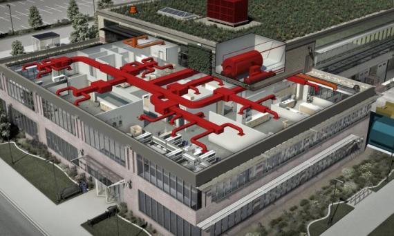 Rendering of an office building with a cutaway showing HVAC systems throughout the building, such as ductwork and a boiler.