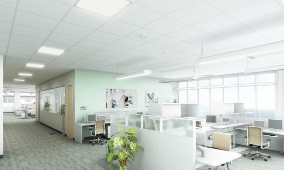 Rendering of an open office with a lot of windows and low-partition furniture with glass panels.