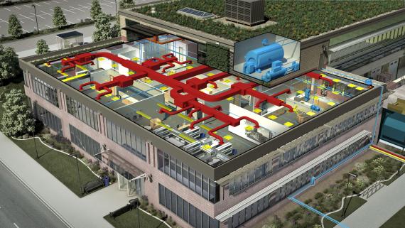Rendering of an office building with a cutaway showing HVAC, water, and electrical systems throughout the building.