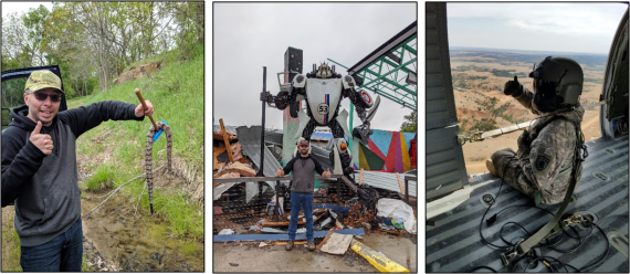 Images of Steven Baker, skydiving, holding a snake and standing in front of a robot. 