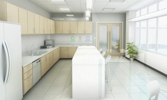 Rendering of a kitchen in an office breakroom, including a sink and dishwasher