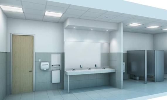 Rendering of a restroom in an office building, including sinks, a urinal, and a toilet stall