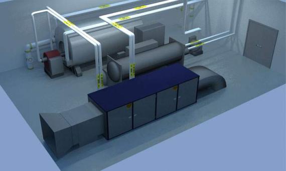 Rendering of an office building's mechanical room, including a boiler