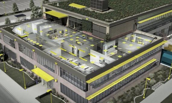 Digitial rendering showing a cutaway of a facility highlighting lighting systems, including exterior, interior, and shading control.