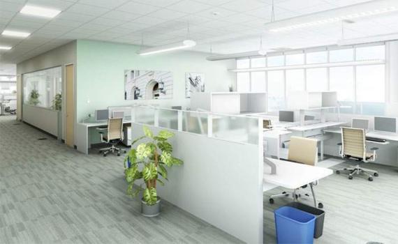 Digital rendering of a modern open office showcasing lighting strategies, including daylighting, task lighting, and lighting controls.