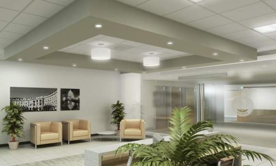 Digital rendering of an office lobby showing both general and accent lighting