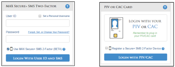 Screen shot of the MAX SMS two-factor login, PIV or CAC card login