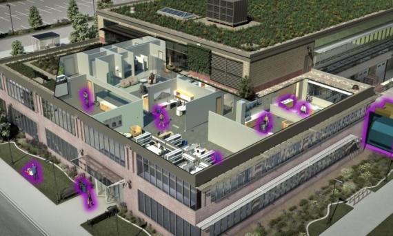 Rendering of an office building with a cutaway showing people and waste and recycling containers.