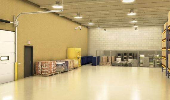Rendering of an office building's interior loading dock showing pallets of supplies