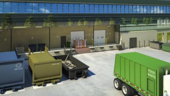 Rendering of an office building's exterior loading dock showing containers for recycling, waste, compost, and grease.