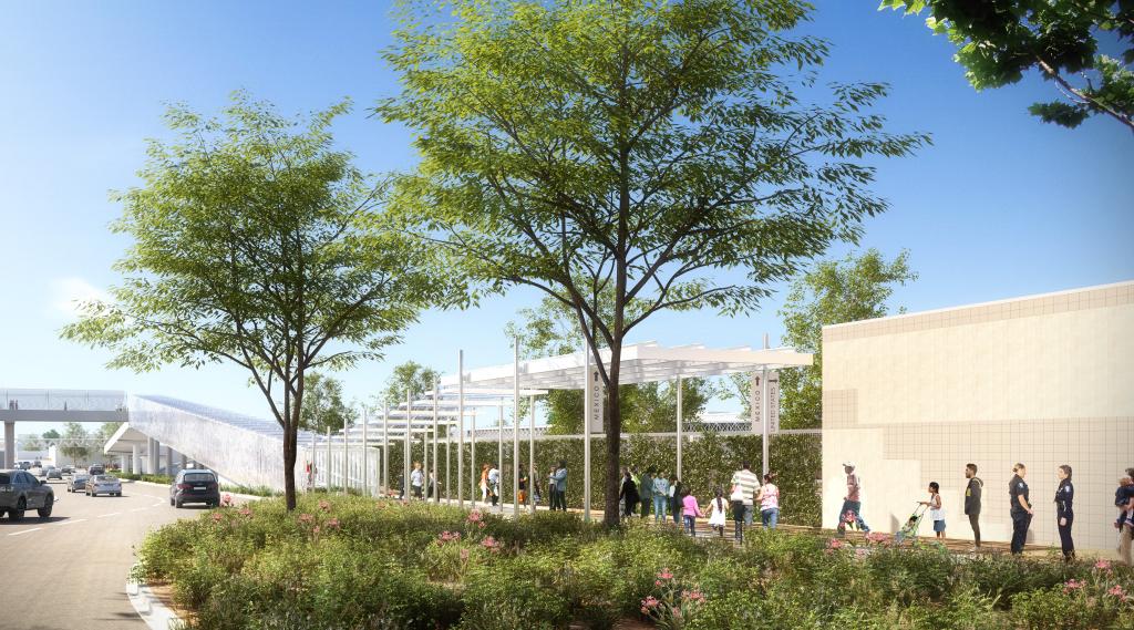 Another view of the pedestrian bridge and landscaping