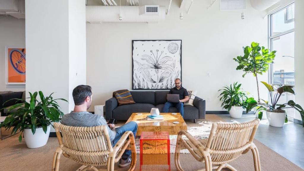 Two wicker chairs in the foreground of a large space with potted plants