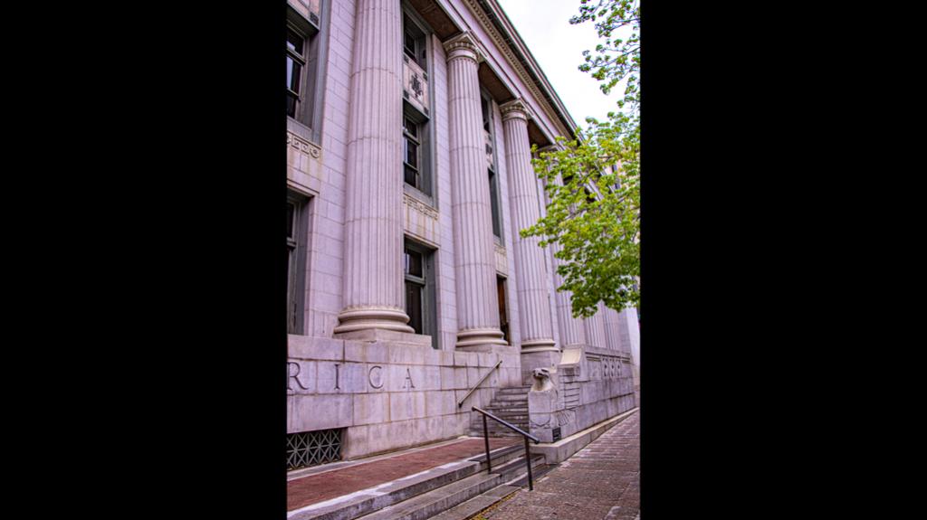 Eastern entrance ramp off State Street depicting one of the eagle facades at the base of the stairs. Photo by Richard Stebbins