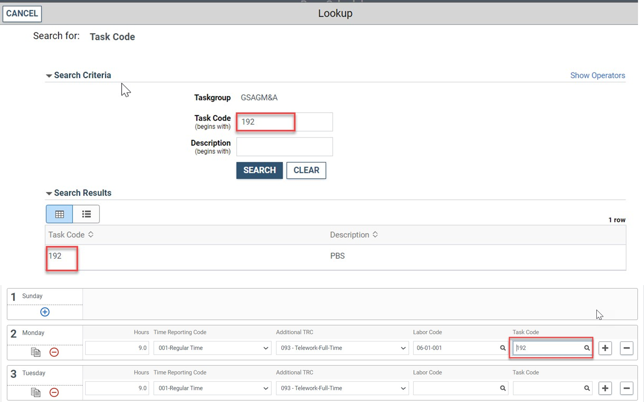 Timesheet entry with task code search field highlighted