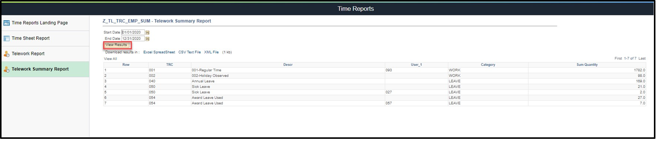 Timesheet entry with telework summary results with view results highlighted