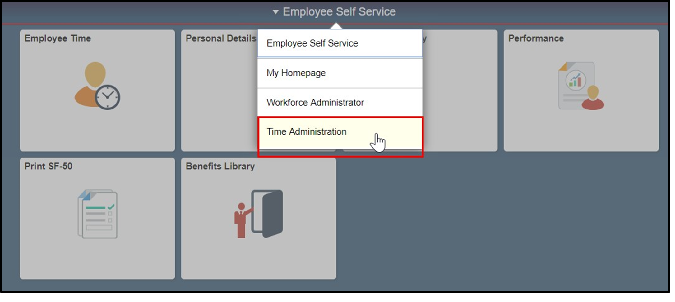 Timesheet entry with time administration highlighted from the dropdown menu