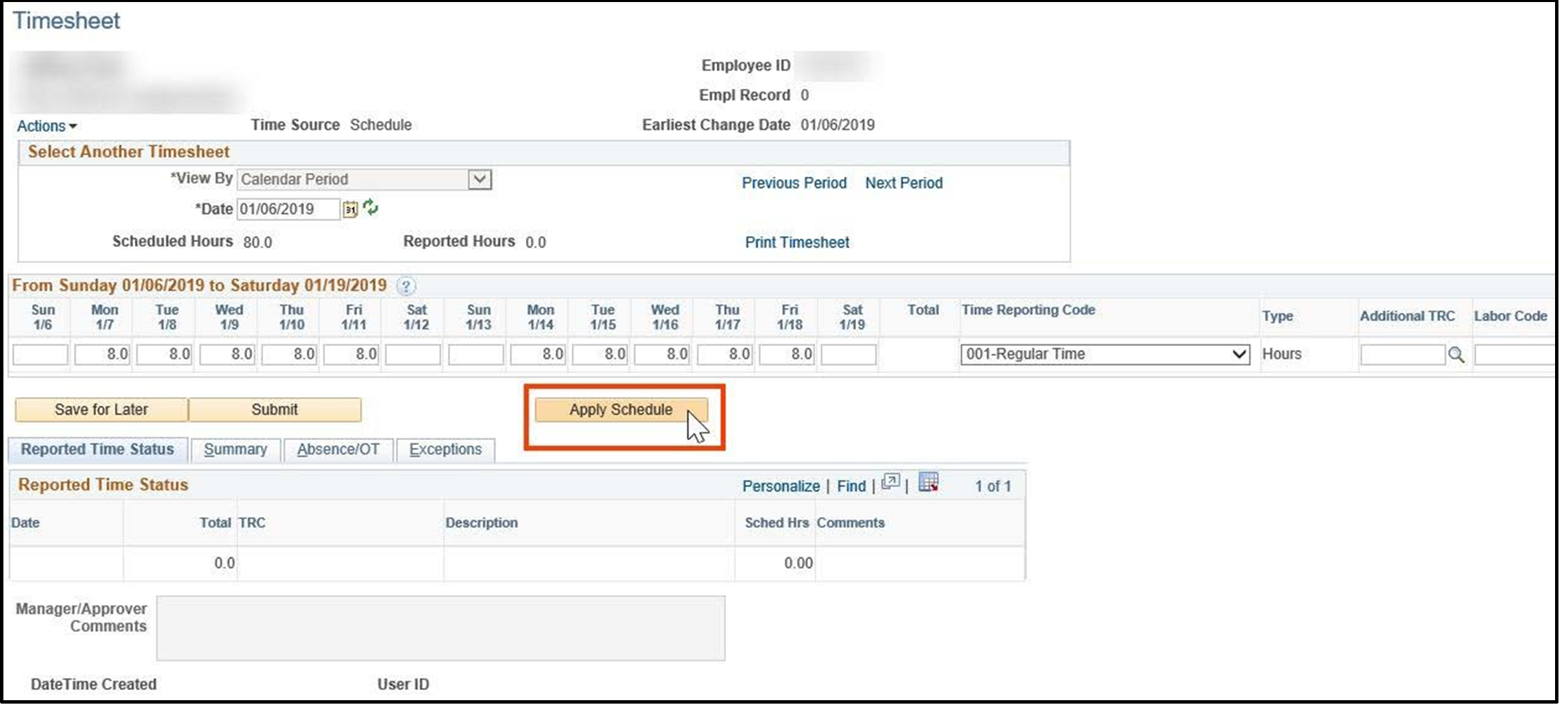 Timesheet entry with the apply schedule button highlighted