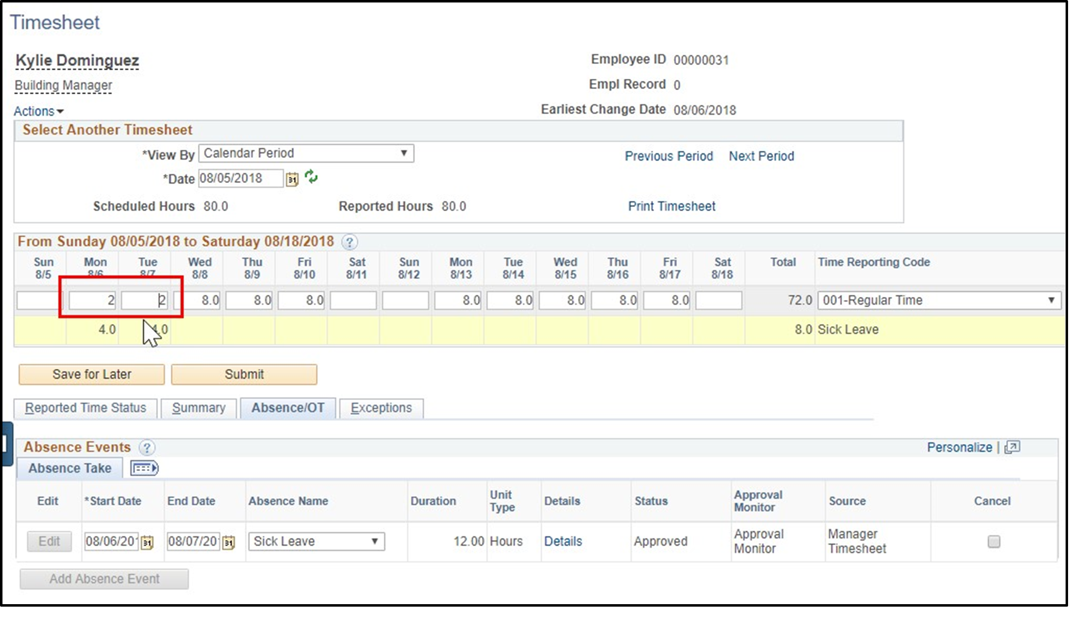 Timesheet entry showing hours for Monday and Tuesday highlighted