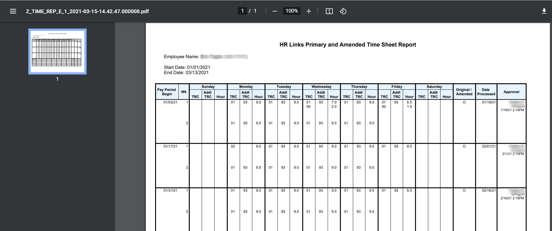 Screenshot of the Timesheet Report screen