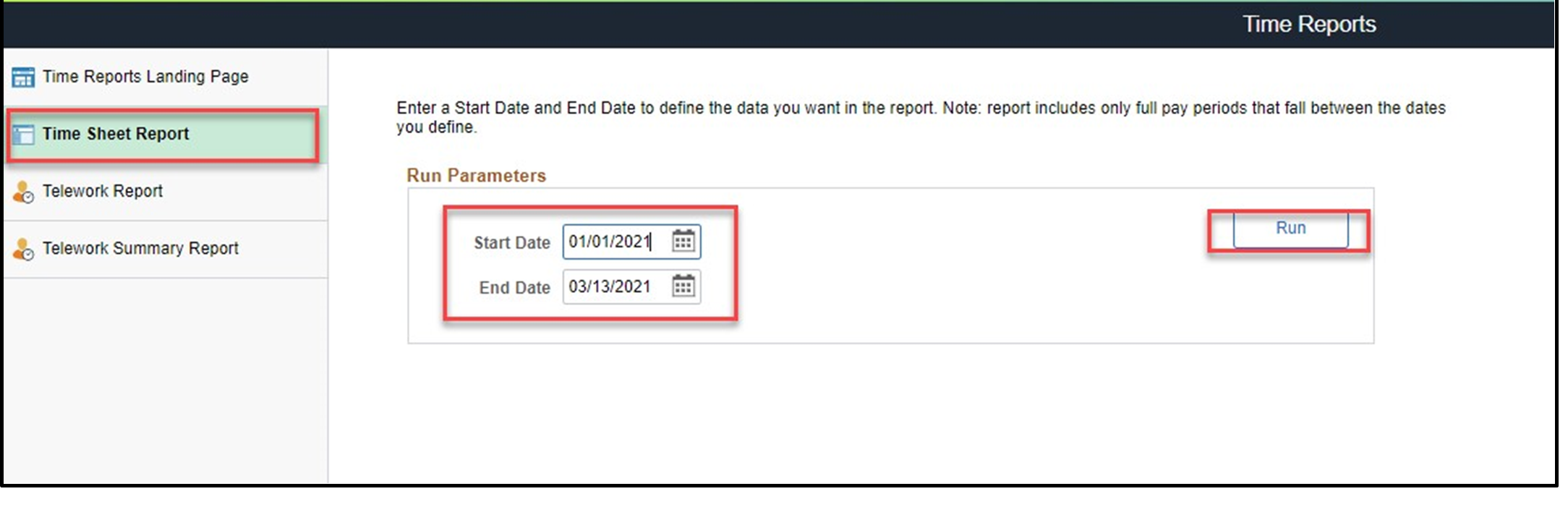 Timesheet entry with start date, end date, and run button highlighted
