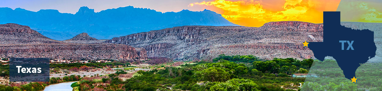 Field of a winding river and green scrub and low red hills in middle ground and a blue mountain in the distance, and a yellow-sky sunset, and the title Texas at left and at right the state shape with a gold star at the west point and a gold star at the south point
